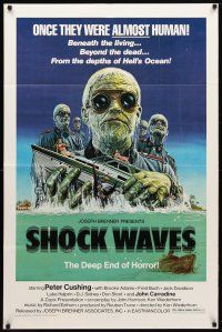 8h674 SHOCK WAVES 1sh '77 Peter Cushing, cool art of wacky ocean zombies terrorizing boat!