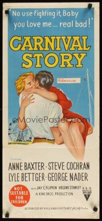 8j592 CARNIVAL STORY Aust daybill '54 sexy Anne Baxter held by Steve Cochran who she loves bad!