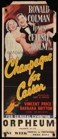 8j598 CHAMPAGNE FOR CAESAR Aust daybill '50 great art of Ronald Colman carrying sexy Celeste Holm!