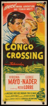 8j608 CONGO CROSSING Aust daybill '56 art of Peter Lorre pointing gun at Virginia Mayo & Nader!