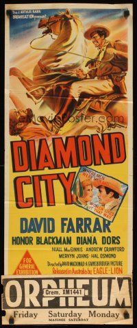 8j634 DIAMOND CITY Aust daybill '51 David Farrar, Diana Dors, Honor Blackman, raw, rough, rugged!