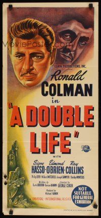 8j638 DOUBLE LIFE Aust daybill '47 film noir, different stone litho art of Ronald Colman!