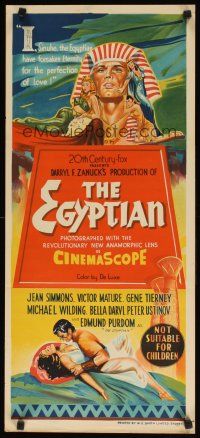 8j645 EGYPTIAN Aust daybill '54 art of Jean Simmons, Victor Mature & Tierney in ancient Egypt!