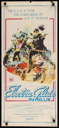 8j646 ELECTRA GLIDE IN BLUE Aust daybill '73 cool art of motorcycle cop Robert Blake!