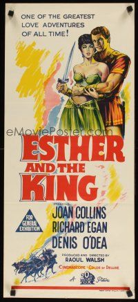 8j649 ESTHER & THE KING Aust daybill '60 Mario Bava, sexy Joan Collins & Richard Egan embracing!