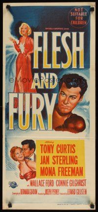 8j659 FLESH & FURY Aust daybill '52 stone litho of boxer Tony Curtis & sexy Jan Sterling!