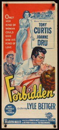 8j664 FORBIDDEN Aust daybill '54 Joanne Dru could give Tony Curtis the kind of love he needed!