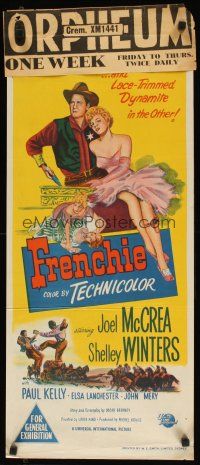8j669 FRENCHIE Aust daybill '51 sexy lace-trimmed Shelley Winters with sheriff Joel McCrea!
