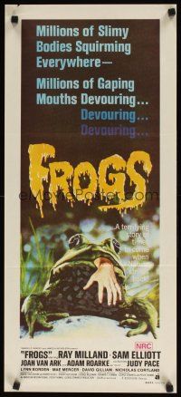 8j670 FROGS Aust daybill '72 horror art of man-eating amphibian w/hand hanging from mouth!