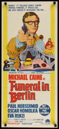 8j672 FUNERAL IN BERLIN Aust daybill '67 cool stone litho art of Michael Caine pointing gun!