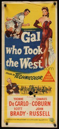 8j674 GAL WHO TOOK THE WEST Aust daybill '49 full-length stone litho of sexy Yvonne De Carlo!