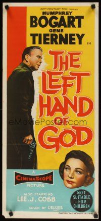 8j708 LEFT HAND OF GOD Aust daybill '55 stone litho artwork of priest Humphrey Bogart holding gun!