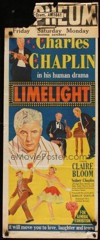 8j710 LIMELIGHT Aust daybill '52 artwork of aging Charlie Chaplin & pretty young Claire Bloom!