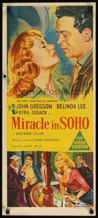 8j747 MIRACLE IN SOHO Aust daybill '57 John Gregson looks at sexy Belinda Lee, Emeric Pressburger!