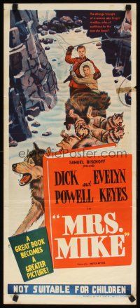 8j755 MRS. MIKE Aust daybill '49 stone litho of Evelyn Keyes & Mountie Dick Powell on dogsled!