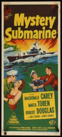 8j761 MYSTERY SUBMARINE Aust daybill '51 Macdonald Carey, Marta Toren, cool U-boat artwork!