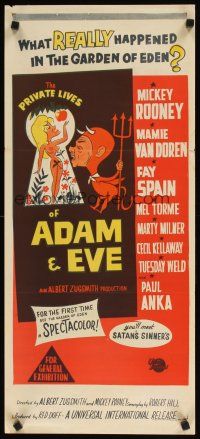 8j774 PRIVATE LIVES OF ADAM & EVE Aust daybill '60 art of sexy Mamie Van Doren & devil Rooney!