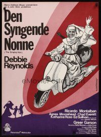 8j564 SINGING NUN Danish '67 Chardonnet art of Debbie Reynolds with guitar riding Vespa!