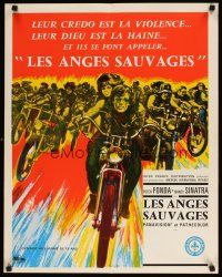 8j216 WILD ANGELS French 23x32 '66 art of biker Peter Fonda & sexy Nancy Sinatra on motorcycle!