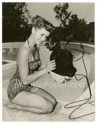 8k239 DEBBIE REYNOLDS 7.25x9.25 still '50s cute kneeling portrait with her dog by swimming pool!