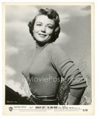 8k261 DOROTHY MALONE 8x10 still '55 smiling portrait in sexy tight sweater from Tall Man Riding!