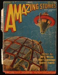 8m252 AMAZING STORIES magazine cover October 1927 Frank R. Paul art of spaceship, H.G. Wells!