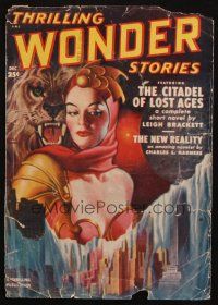 8m267 THRILLING WONDER STORIES magazine cover Dec 1950 Bergey art of sexy space woman & tiger!