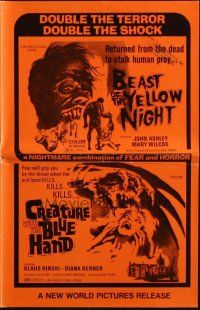 8m539 BEAST OF THE YELLOW NIGHT/CREATURE WITH BLUE HAND pressbook '71 double terror, double shock!