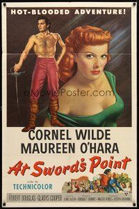 8p061 AT SWORD'S POINT 1sh '52 full-length Cornel Wilde, super close up of sexy Maureen O'Hara!