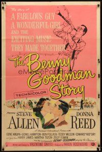 8p084 BENNY GOODMAN STORY 1sh '56 Steve Allen as Goodman, Donna Reed, Krupa, Reynold Brown art