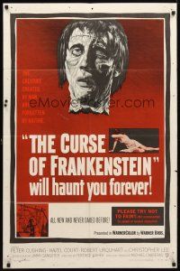 8p186 CURSE OF FRANKENSTEIN 1sh '57 Peter Cushing, cool close up monster artwork!