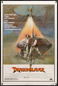 8p225 DRAGONSLAYER 1sh '81 cool Jeff Jones fantasy artwork of Peter MacNicol w/spear & dragon!