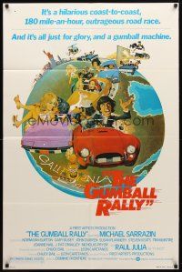8p332 GUMBALL RALLY style A 1sh '76 Michael Sarrazin, wacky art of car racing across the U.S.!