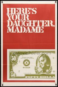 8p357 HERE'S YOUR DAUGHTER, MADAME 1sh '63 sexy woman on fifty dollar bill!