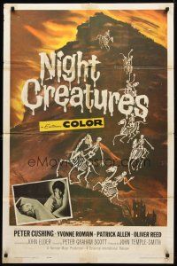8p555 NIGHT CREATURES 1sh '62 Hammer, great horror art of skeletons riding skeleton horses!