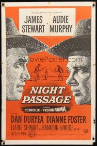 8p559 NIGHT PASSAGE 1sh '57 no one could stop the showdown between Jimmy Stewart & Audie Murphy!