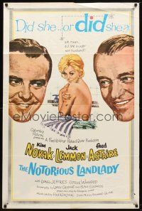 8p573 NOTORIOUS LANDLADY 1sh '62 art of sexy naked Kim Novak between Jack Lemmon & Fred Astaire!