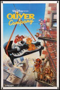 8p584 OLIVER & COMPANY 1sh '88 great image of Walt Disney cats & dogs in New York City!