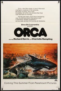 8p596 ORCA advance 1sh '77 wild art of attacking Killer Whale by John Berkey, it kills for revenge!