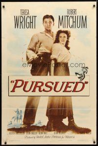 8p651 PURSUED 1sh '47 great full-length image of Robert Mitchum & Teresa Wright with gun!