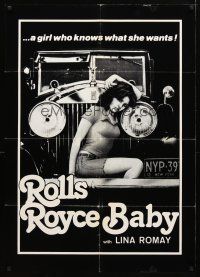 8p677 ROLLS-ROYCE BABY 1sh '75 sexy Lina Romay in title role sitting in front of vintage Rolls!