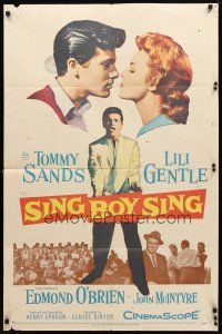 8p723 SING BOY SING 1sh '58 romantic close up of Tommy Sands & Lili Gentle, rock & roll!