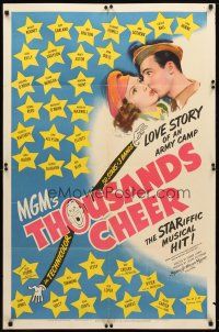 8p839 THOUSANDS CHEER 1sh '43 art of Gene Kelly kissing Kathryn Grayson, all-star cast!