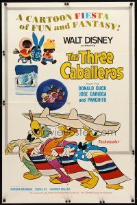 8p840 THREE CABALLEROS 1sh R77 Disney, cartoon art of Donald Duck, Panchito & Joe Carioca!