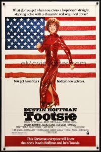 8p866 TOOTSIE advance 1sh '82 full-length Dustin Hoffman in drag by American flag!