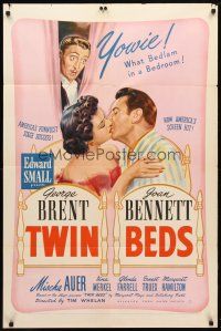 8p891 TWIN BEDS 1sh '42 wacky artwork of George Brent, Joan Bennett & Mischa Auer!