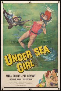8p909 UNDERSEA GIRL 1sh '57 cool artwork of sexy deep sea scuba diver in peril!