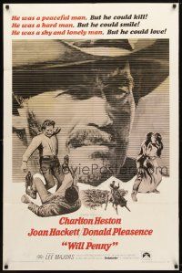 8p965 WILL PENNY 1sh '68 close up of cowboy Charlton Heston, Joan Hackett, Donald Pleasance