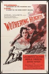 8p986 WUTHERING HEIGHTS 1sh R55 cool art of Laurence Olivier & Merle Oberon!