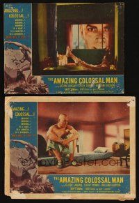 8r744 AMAZING COLOSSAL MAN 2 LCs '57 Bert I. Gordon, monster peeking at bathing girl through window!